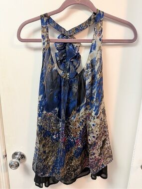 🩷Blue Floral Print Ruffle Back Tank Top
